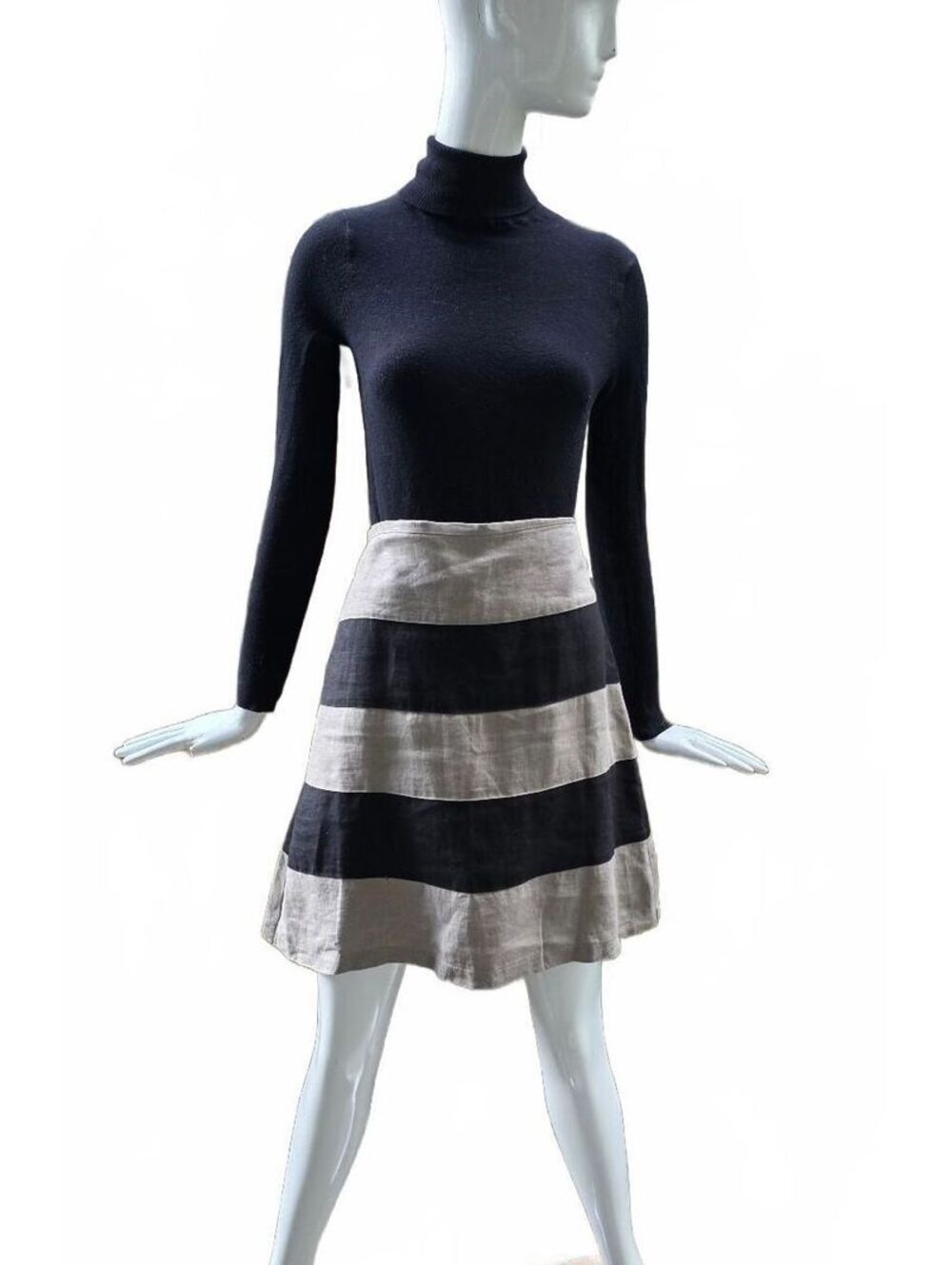 Kenar Black And Tan Colour Band A-Line Linen Mini Skirt. / US Size Med